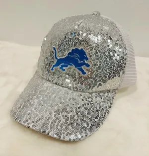 Detroit Lions logo hat! Glitter sequin trucker baseball cap! thumbnail 1