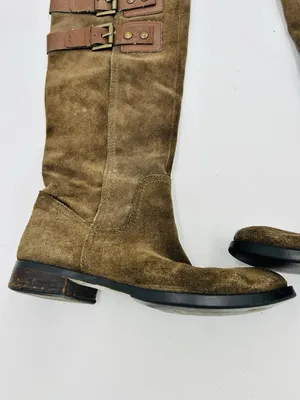Nine West Taupe Brown Suede Tumble Tall Riding Boots Sz 9 Double Buckle thumbnail 5