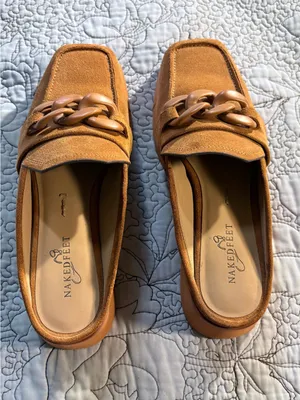 ☀️Naked Feet Elect Camel Suede Chain Platform Loafer Mules Sz 8🧡 thumbnail 5