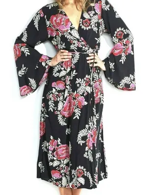 Billabong Women's Floral Whispers Wrap Dress Size Med Black Multi Bell Sleeves thumbnail 1