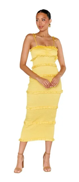 NWT Show Me‎ Your Mumu Stella Smocked MIDI Dress Yellow Luxe Satin Large thumbnail 1