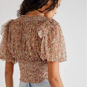 Free People Beatrice Floral Print Brown Lace Up Puff Sleeve Blouse Top Size S thumbnail 6