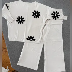 Sioni 2 Piece Set. Cream with Black Flowers. Loungewear, Wide Leg Pants, Soft thumbnail 1