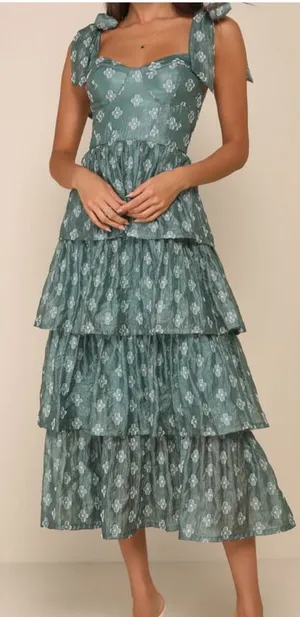Lulus NWT Gorgeous Excellence Teal Green Floral Burnout Tiered Midi Dress thumbnail 1