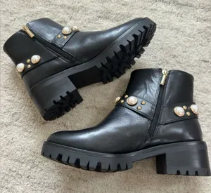 Karl Lagerfeld Paris Pixie Embellished Moto Leather Booties NWOT pearls 8.5 thumbnail 1