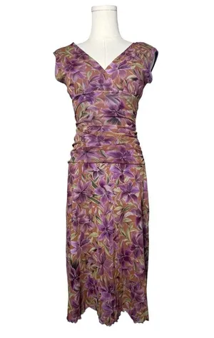 90s Vintage Purple Floral Mesh V Neck Ruched Drop Waist Dress Preppy Party thumbnail 1