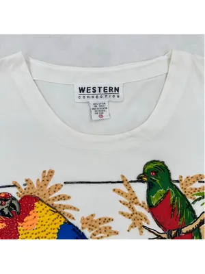 Vintage 90s Tee Tropical Birds Flowers Heavily Beaded Art to Wear Cotton Medium thumbnail 8