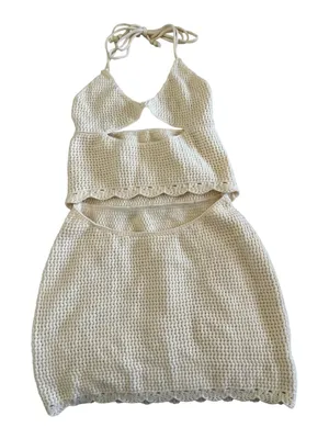 Cream Crochet Halter Cutout Bodycon Mini Dress - Size Small thumbnail 2