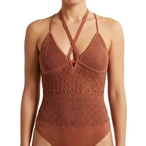 Abercrombie and Fitch Brown Thong Knit Crochet Halter Strappy Bodysuit Size L thumbnail 2