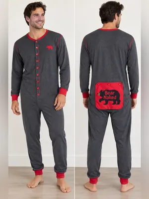 Little Blue House Bear Naked Adult XL Union Suit Pajamas One Piece Gray Red thumbnail 2