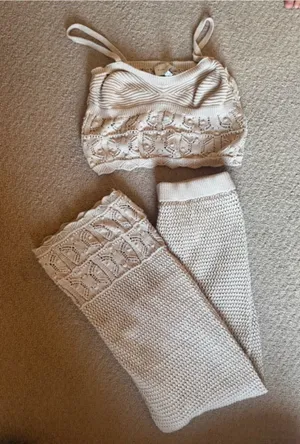 Pink Rose Crochet Knit Bralette and Lounge Pants Set in Cream thumbnail 1