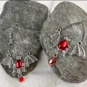 Gothic Bat Wing Vibrant Red Synthetic Gemstone Drop Earrings‎ Silver Plated thumbnail 6