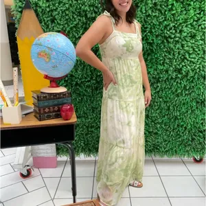 Line + Dot Green Tropical Maxi Dress MEDIUM Tiered Ruffle Cottage Vacation $115 thumbnail 8