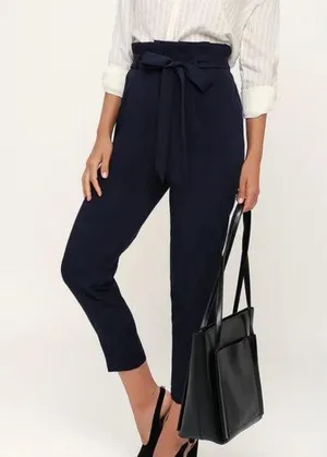 Navy Blue Paperbag Waist Straight Leg Pants trousers thumbnail 1