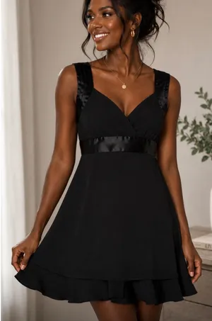 Jones‎ New York Dress Black Satin Trim Ruffle Hem Cocktail Dress Petite 8P thumbnail 1
