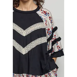 POL Round Neck‎ Half Sleeve Contrast Floral Lace Oversized Knit Top - Small thumbnail 6