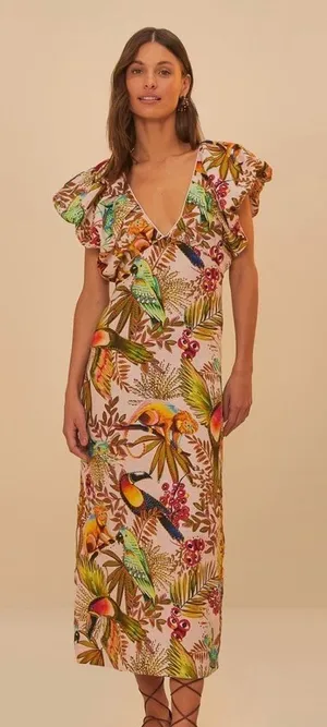 NWT Farm Rio Into The Jungle Premium Linen Midi Dress Pink XS thumbnail 1