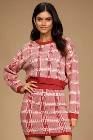 Best Match Rusty Rose Plaid Two-Piece Long Sleeve Sweater Dress thumbnail 1