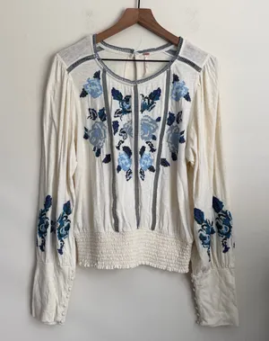 free people felicity embroidered top peasant prairie cream smocked Linen blend L thumbnail 3