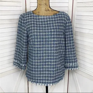 Ann Taylor Tweed Fringe Trim Boatneck Top Shirt‎ Blue White 8 Preppy Nautical thumbnail 2