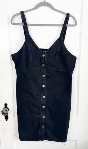 TOPSHOP Black Button Front Denim Jean Dress Cottage Boho 100% Cotton NEW 12 thumbnail 1