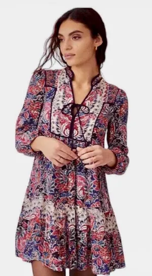 Anthropologie Floral A-Line Dress Multicolor Tie Ruffle V-Neck Long Sleeve S thumbnail 1