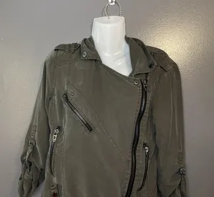 BLANKNYC Jacket Womens XS Green Twill Asymmetrical Zip Moto Biker Lined Utility thumbnail 1