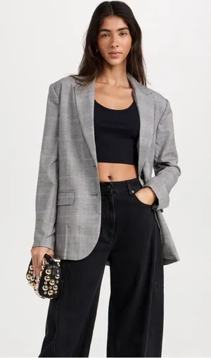 WAYF NWT Gray Plaid Oversized Blazer Pink Windowpane M thumbnail 1