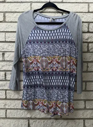 Cato Grey Raglan Mixed-Print Long Sleeve Top with Navy and Yellow Accents thumbnail 1