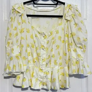 ANNA MASON Rosi Blouse White & Yellow Banana Ruffle‎ Button Down Medium thumbnail 6