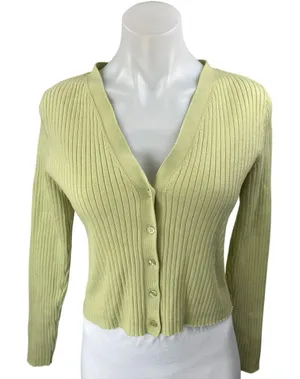 Reformation Green Rib Knit V-Neck Button Long Sleeve Crop Cardigan Sweater Top M thumbnail 1