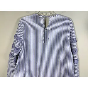 J.Crew Ruffle Stripe Blouse Womens 10 Blue‎ White Excellent Cotton Keyhole Tie thumbnail 7