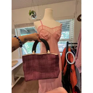 Purple Sisal Natural Fiber Wooden Handle Medium Top Handle Top Bag NEW thumbnail 7