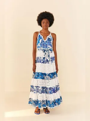 Farm Rio 100% cotton white blue tired maxi dress size xl thumbnail 2