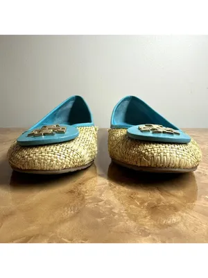 Tory Burch Reva Raffia Ballet Flats Blue Leather Trim Gold Logo Size 7M thumbnail 3