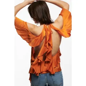 NEW Zara Orange Satin Ruffle Draped Off Shoulder Tank Top Blouse Small thumbnail 2