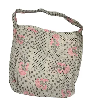 Free People Mixed Print Floral Star Polka Dot Cotton Gauze Tote Bag Pink Black thumbnail 1