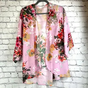 Women's Batwing Floral Chiffon Kimono Beachwear Cover Up Pink L thumbnail 4