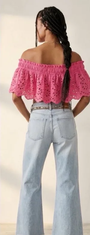 New Free People One Perla Pink Eyelet Lace Off The Shoulder Top L thumbnail 1