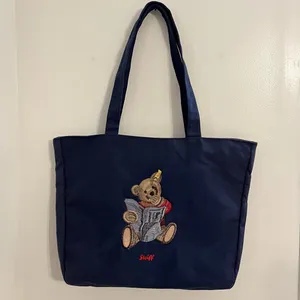 Vintage Steiff Canvas Tote Bag Embroidered Steiff Teddy Bear Zipper Closure Blue thumbnail 1