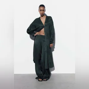 Zara Luxury Green‎ Bohemian Embroidered Satin Effect Wide Leg Lounge Pants Sz L thumbnail 4