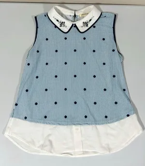 Faith and Joy Blue White Striped Polka Dot Dots Collared Sleeveless Layered Tank Top Shirt Blouse Size S 🩵✨ thumbnail 1