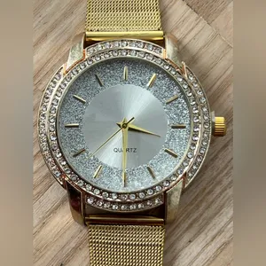 Crystal Embellishments Ladies Watch Silver Shimmery Dial Gold-Tone Bracelet thumbnail 2
