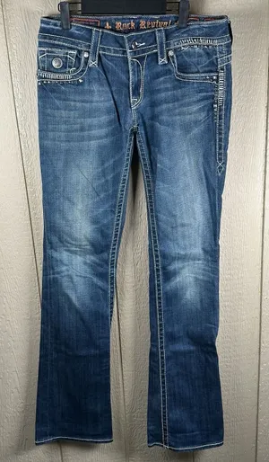 Rock Revival Jen Boot Cut Jeans Womens 31 Stretch Denim Blue Studded Flap Pocket thumbnail 1