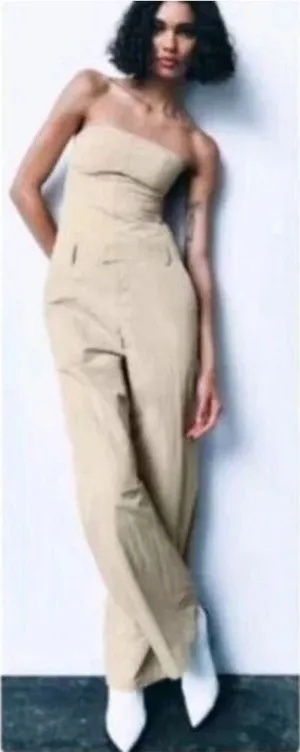 Zara Strapless Jumpsuit Off The Shoulder Wide Leg Khaki Size S Blogger Fav New thumbnail 1