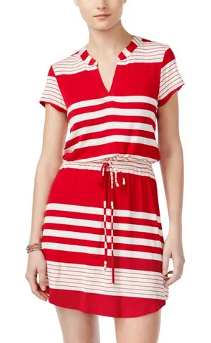 NWT As U Wish Juniors Striped Drawstring T-Shirt Dress Red Stripe L thumbnail 1