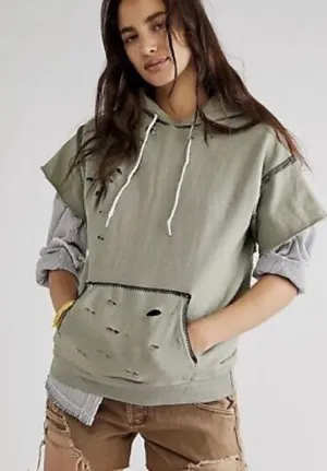 Free People x Tricia Fix Green Short-sleeve Hoodie Distressed Holes Black Stitch thumbnail 1