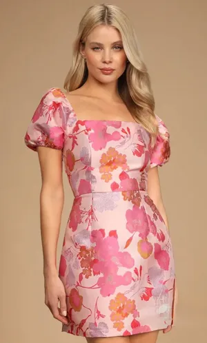 Lulus So Stunning Light Pink Floral Jacquard Puff Sleeve Mini Dres - Size M thumbnail 1