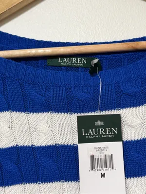 NEW Ralph Lauren Cable Knit Striped Blue Sweater Size Medium Womens NWT Boatneck thumbnail 3