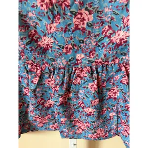 Entro Blue Pink Floral Corduroy Peplum Top V-Neck Ruffle Long Sleeve Blouse L thumbnail 4